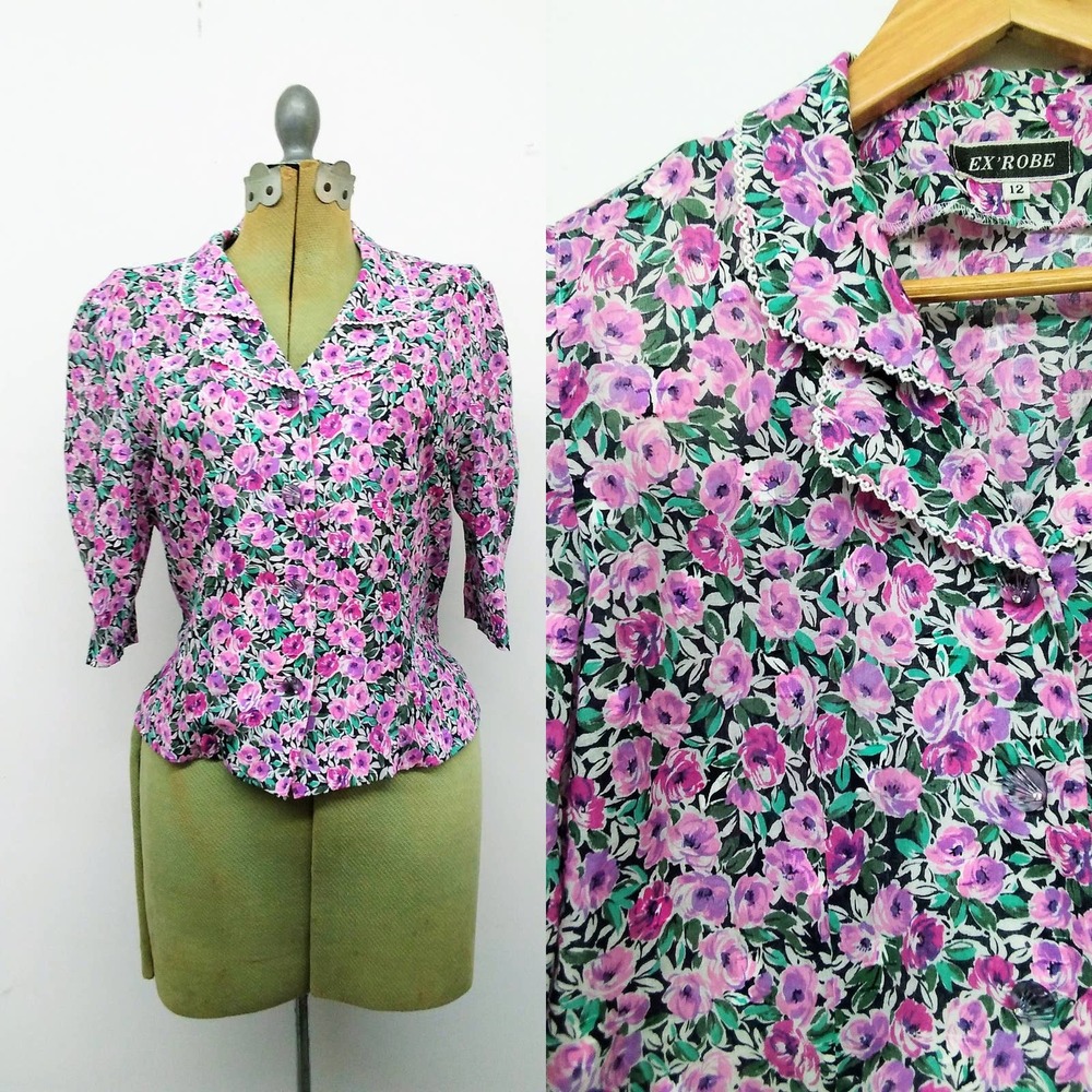 Vintage 80s Does 40s Floral Button Front Top Blouse with Collar